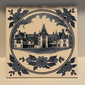 VTG Biltmore Estate Ceramic Tile Trivet Plate Blue Floral Asheville Vanderbilt